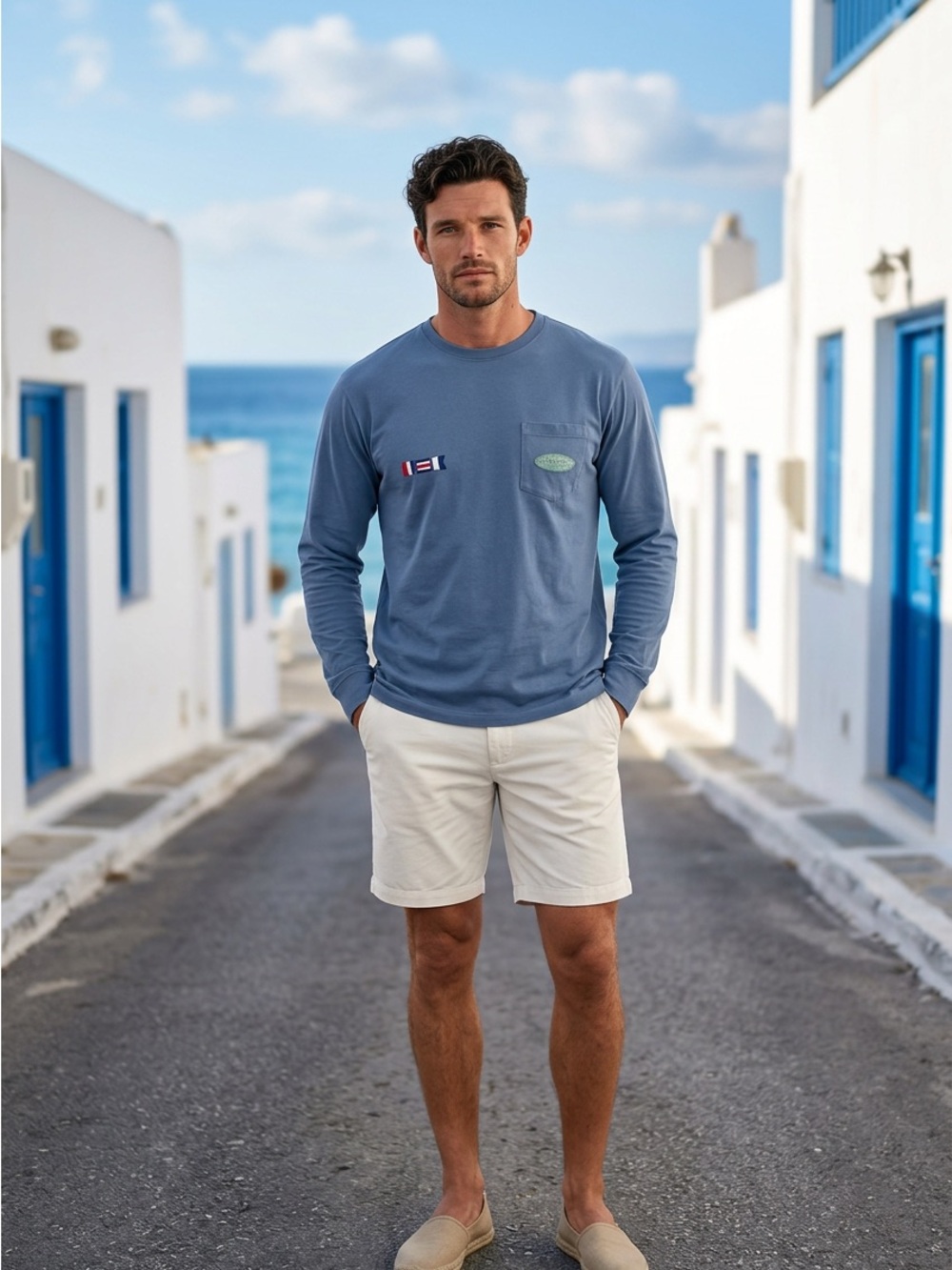 NWOT Vineyard Vines Mens Medium Blue Long Sleeve Embroidered Patches T Shirt